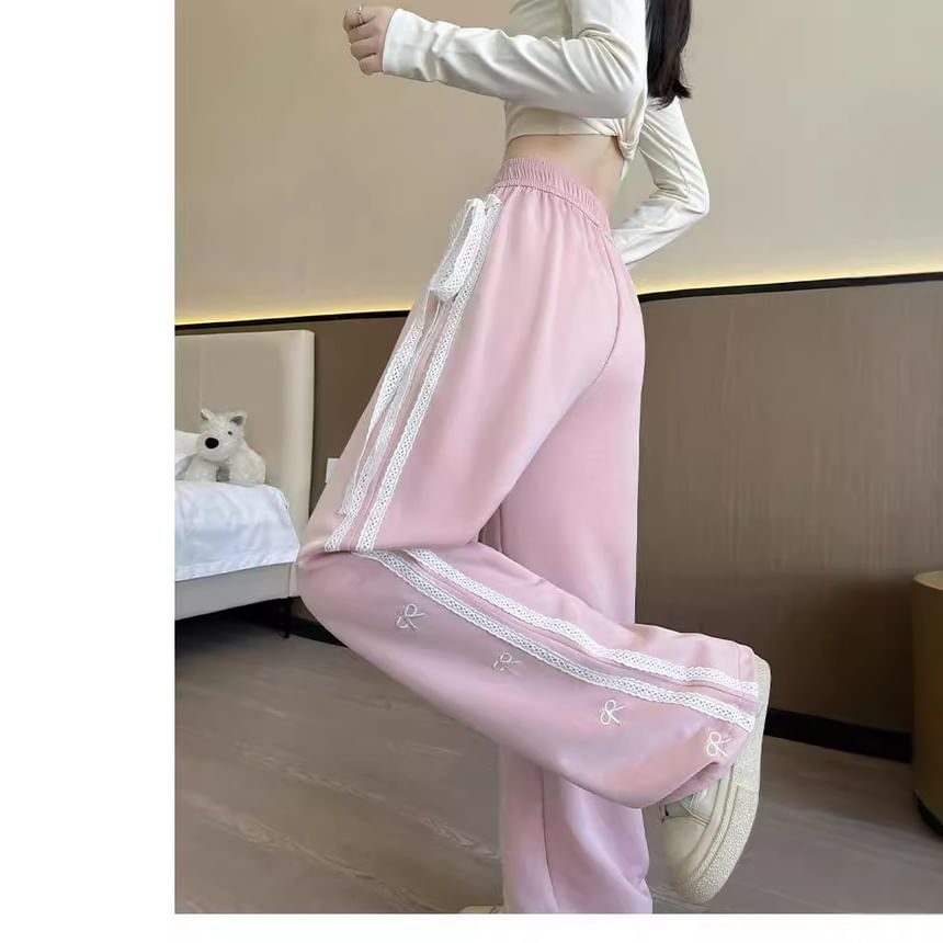 High Waist Lace Panel Bow Embroidered Loose-Fit Wide-Leg Sweatpants