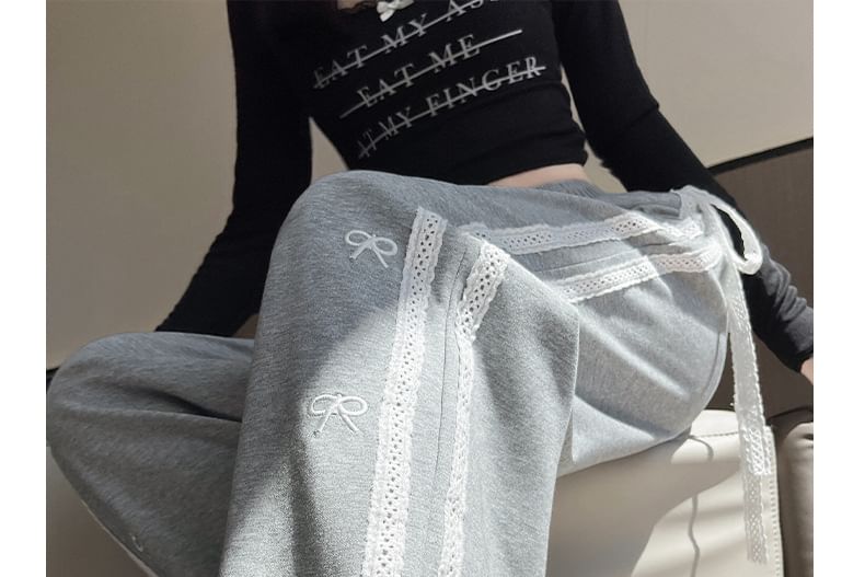 High Waist Lace Panel Bow Embroidered Loose-Fit Wide-Leg Sweatpants