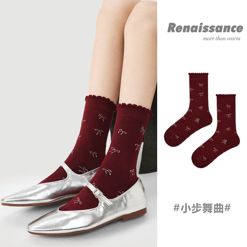 Bow Print Lettuce Edge Socks