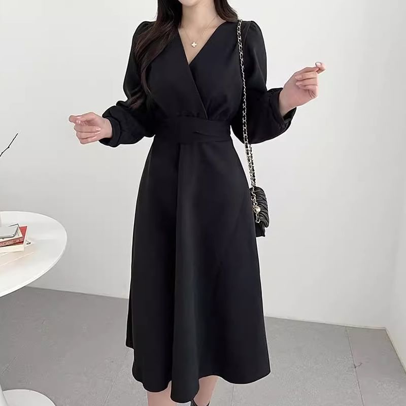 Puff-Sleeve V-Neck Plain Midi A-Line Dress