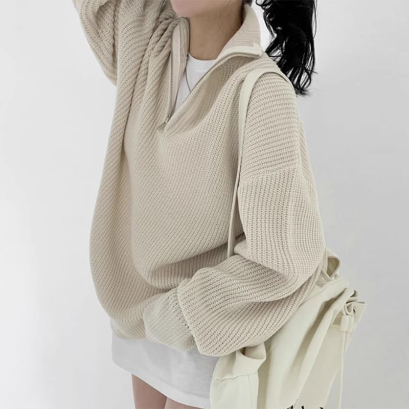 Half-Zip Plain Ribbed Oversized Sweater