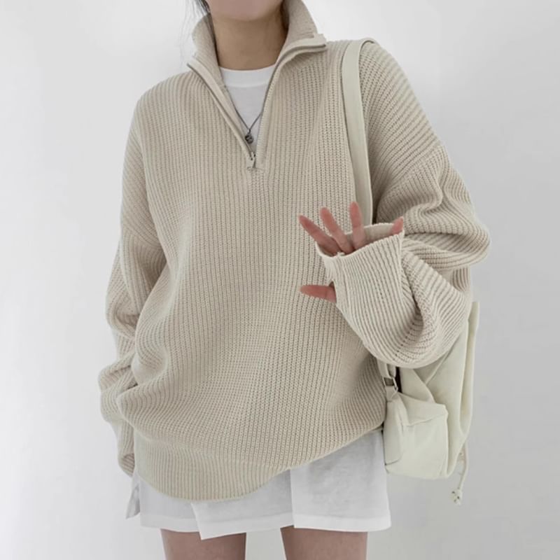 Half-Zip Plain Ribbed Oversized Sweater