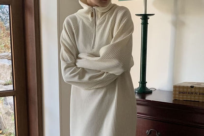 Long-Sleeve Half-Zip Plain Ribbed Maxi Sweater Dress