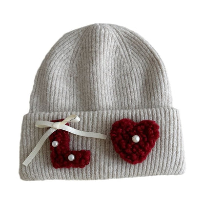 Ribbon Faux Pearl Chenille Applique Knit Beanie