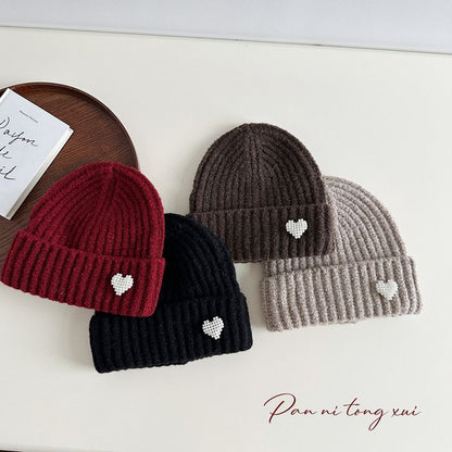 Heart Faux Pearl Knit Beanie