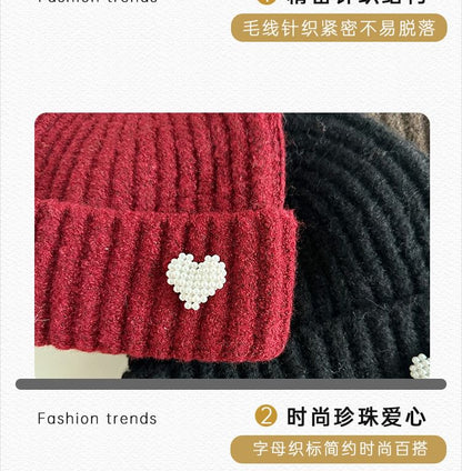 Heart Faux Pearl Knit Beanie