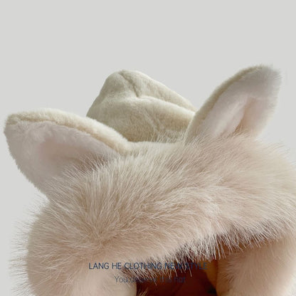 Fox Ear Faux Fur Hooded Scarf with Mitts