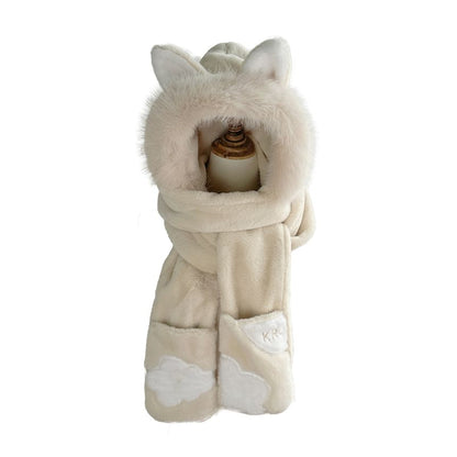 Fox Ear Faux Fur Hooded Scarf with Mitts