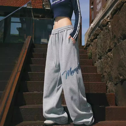 Low Rise Lettering Embroidered Loose-Fit Wide-Leg Sweatpants