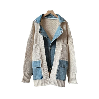 Mock Two-Piece Denim Panel Knit Cardigan