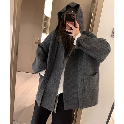 Solid Hooded Loose Knitted Cardigan