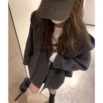 Solid Hooded Loose Knitted Cardigan