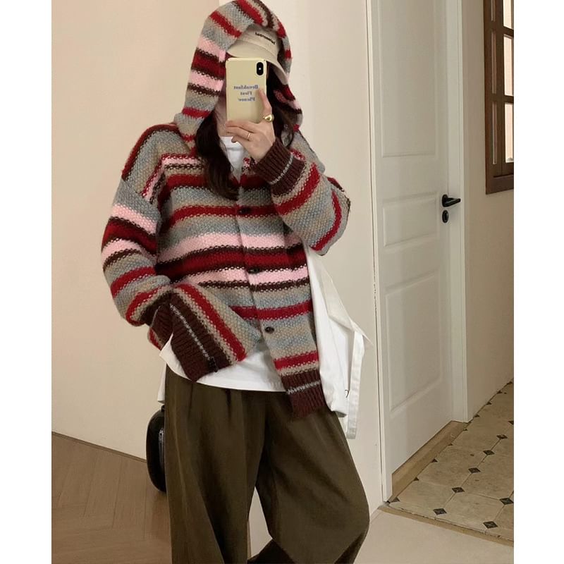 Hooded Long-Sleeve Striped Knit Long Cardigan