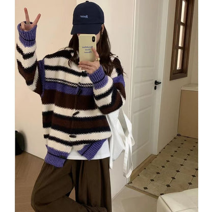 Hooded Long-Sleeve Striped Knit Long Cardigan