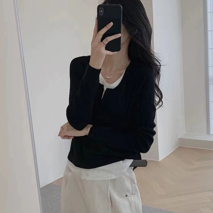 Long-Sleeve V-Neck Mock Two Piece Knit Top