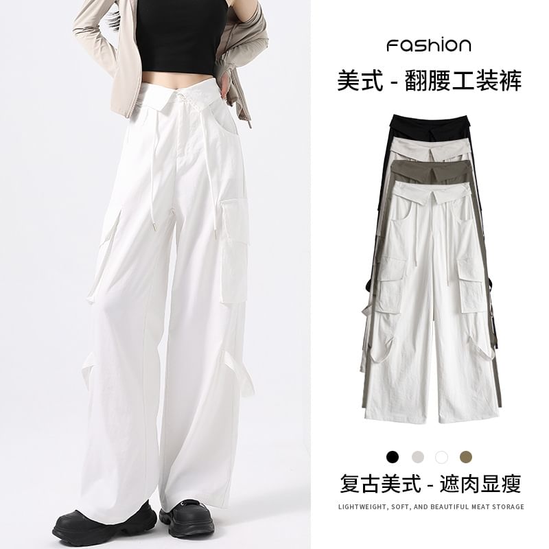 High Waist Folded Waistline Plain Straight-Fit Wide-Leg Cargo Pants