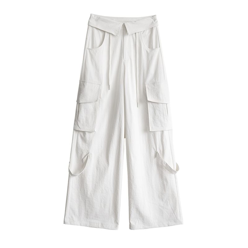 High Waist Folded Waistline Plain Straight-Fit Wide-Leg Cargo Pants