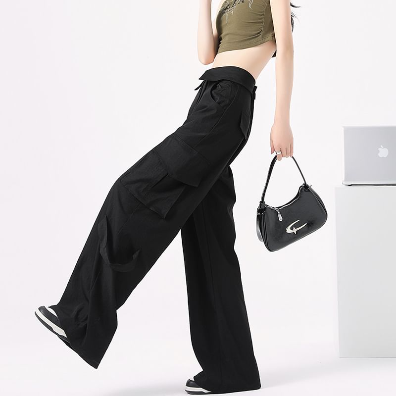 High Waist Folded Waistline Plain Straight-Fit Wide-Leg Cargo Pants