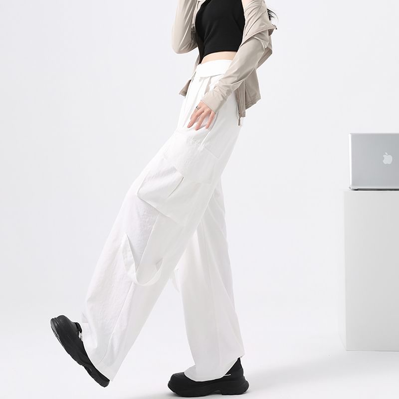 High Waist Folded Waistline Plain Straight-Fit Wide-Leg Cargo Pants