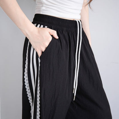 High Waist Lace-Trim Striped Loose-Fit Wide-Leg Sweatpants