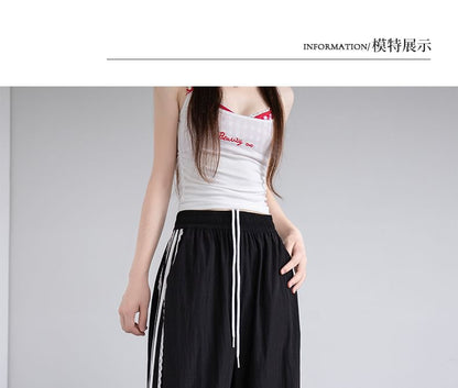 High Waist Lace-Trim Striped Loose-Fit Wide-Leg Sweatpants