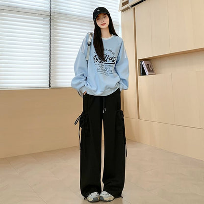 High Rise Plain Bow Accent Loose-Fit Wide-Leg Sweatpants