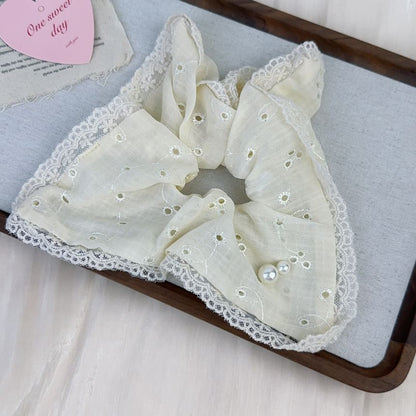 Lace-Trim Faux Pearl Accent Scrunchie