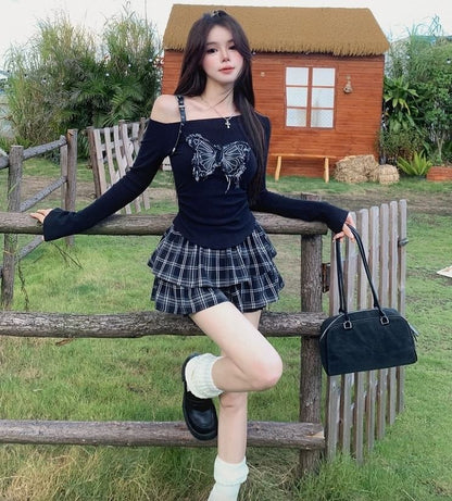 Cold-Shoulder Long-Sleeve Butterfly Print T-Shirt / High Waist Plaid Mini A-Line Layered Skirt / Set