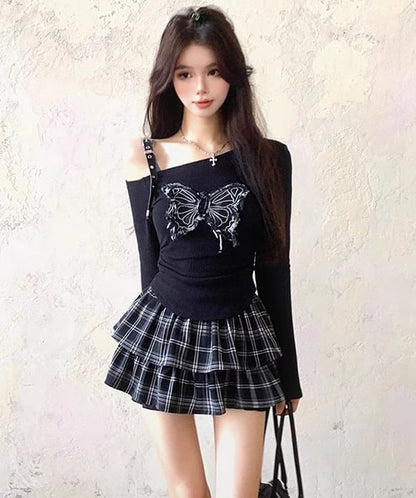 Cold-Shoulder Long-Sleeve Butterfly Print T-Shirt / High Waist Plaid Mini A-Line Layered Skirt / Set