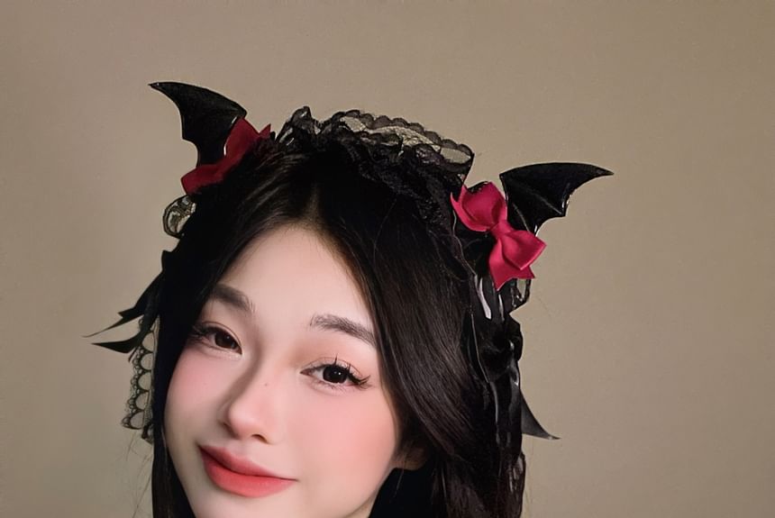 Set:  Halloween Devil Wings Bow Hair Clip + Lace Headband