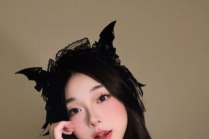 Set:  Halloween Devil Wings Bow Hair Clip + Lace Headband