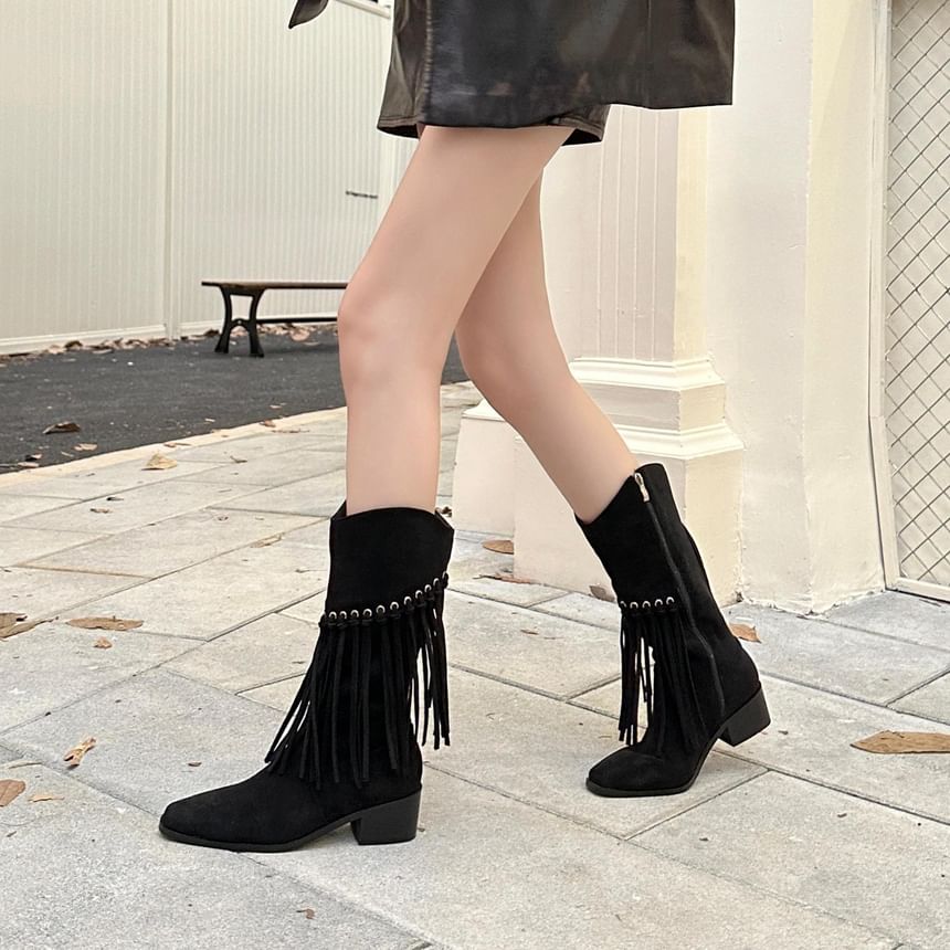 Fringe Block Heel Mid-Calf Boots