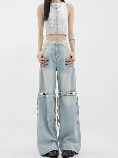 Low Waist Washed Cut-Out Straight-Fit Wide-Leg Jeans