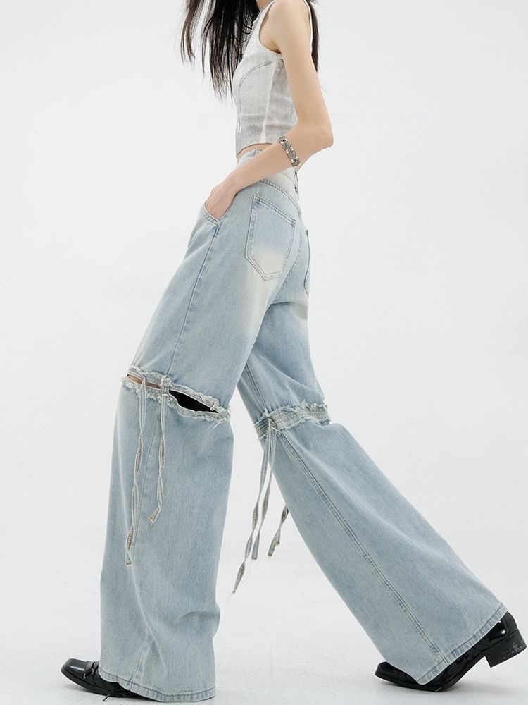 Low Waist Washed Cut-Out Straight-Fit Wide-Leg Jeans