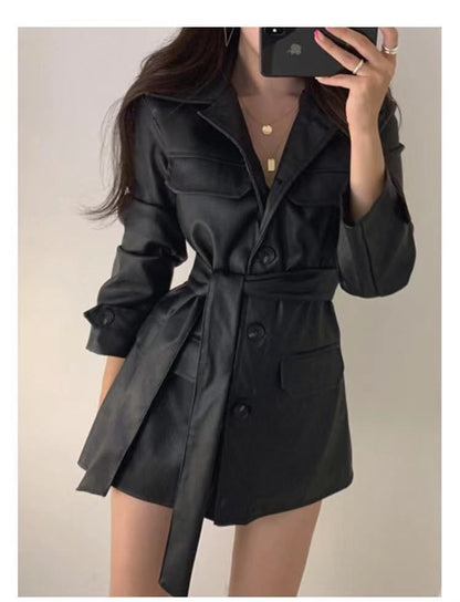 Long Sleeve Collared Plain Faux Leather Button Belted Shirt Dress