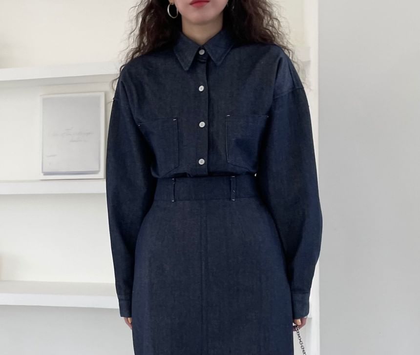 Collared Drop Shoulder Denim Shirt / High Waist Plain Midi A-Line Skirt