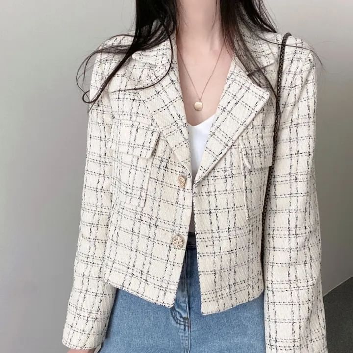 Lapel Collar Plaid Tweed Cropped Button Jacket