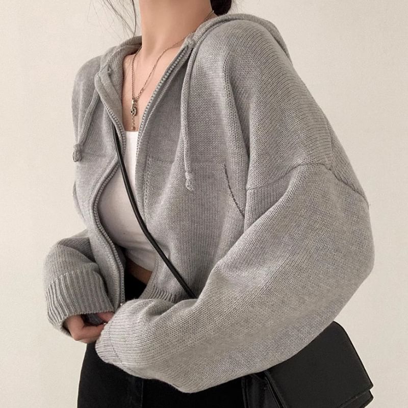 Drop Shoulder Plain Zip Up Cropped Knit Hoodie