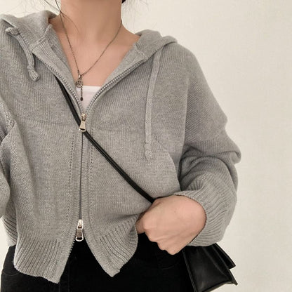 Drop Shoulder Plain Zip Up Cropped Knit Hoodie