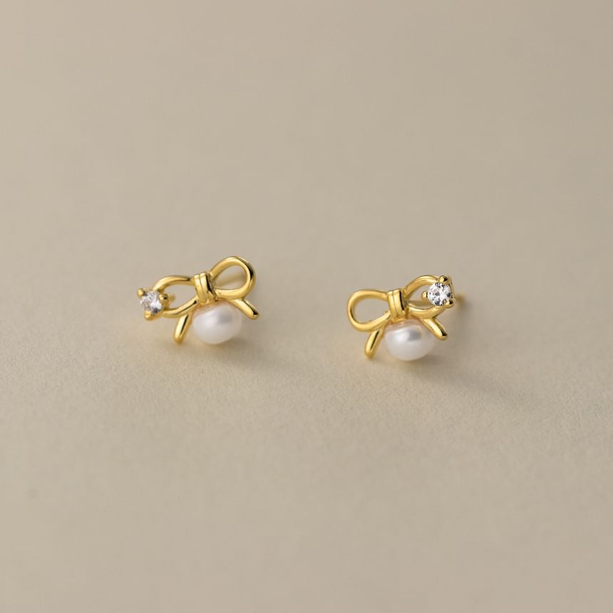 S925 Sterling Silver Bow Rhinestone Faux Pearl Stud Earring