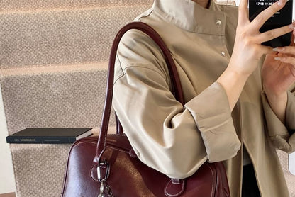 Faux Leather Plain Zip Satchel Bag