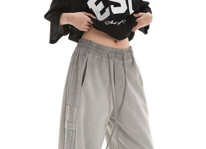 Low Waist Plain Striped Loose-Fit Wide-Leg Sweatpants