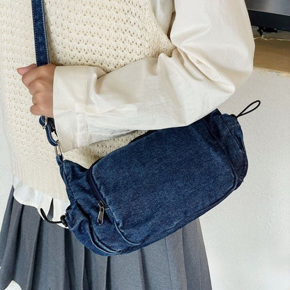 Multi-Pocket Drawstring Denim Crossbody Bag