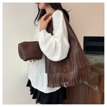 Tassel Faux Leather Tote Bag