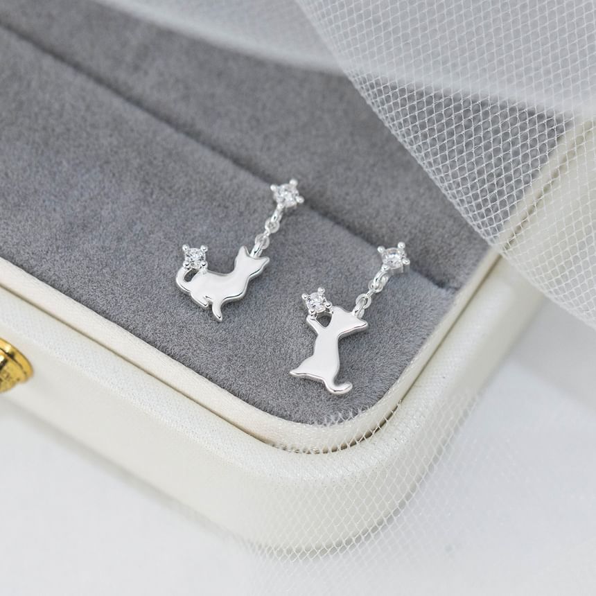 925 Sterling Silver Rhinestone Cat Asymmetrical Drop Earring