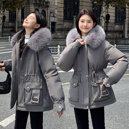 Fluffy Collar Plain Fleece-Lined Zip Puffer Parka