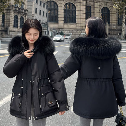 Fluffy Collar Plain Fleece-Lined Zip Puffer Parka