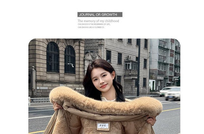 Fluffy Collar Plain Fleece-Lined Zip Puffer Parka