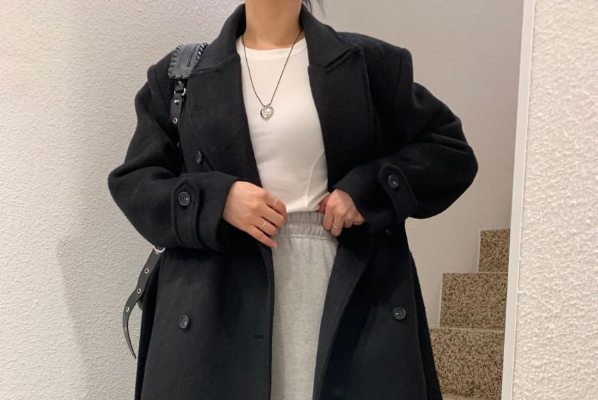 Collared Plain Midi Double Breasted Coat