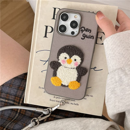 Penguin Embroidered Phone Case / Faux Leather Strap / Set - iPhone 16 Pro Max / 16 Pro / 16 Plus / 16 / 15 Pro Max / 15 Pro / 15 Plus / 15 / 14 Pro Max / 14 Pro / 14 Plus / 14 / 13 Pro Max / 13 Pro / 13 / 13 Mini